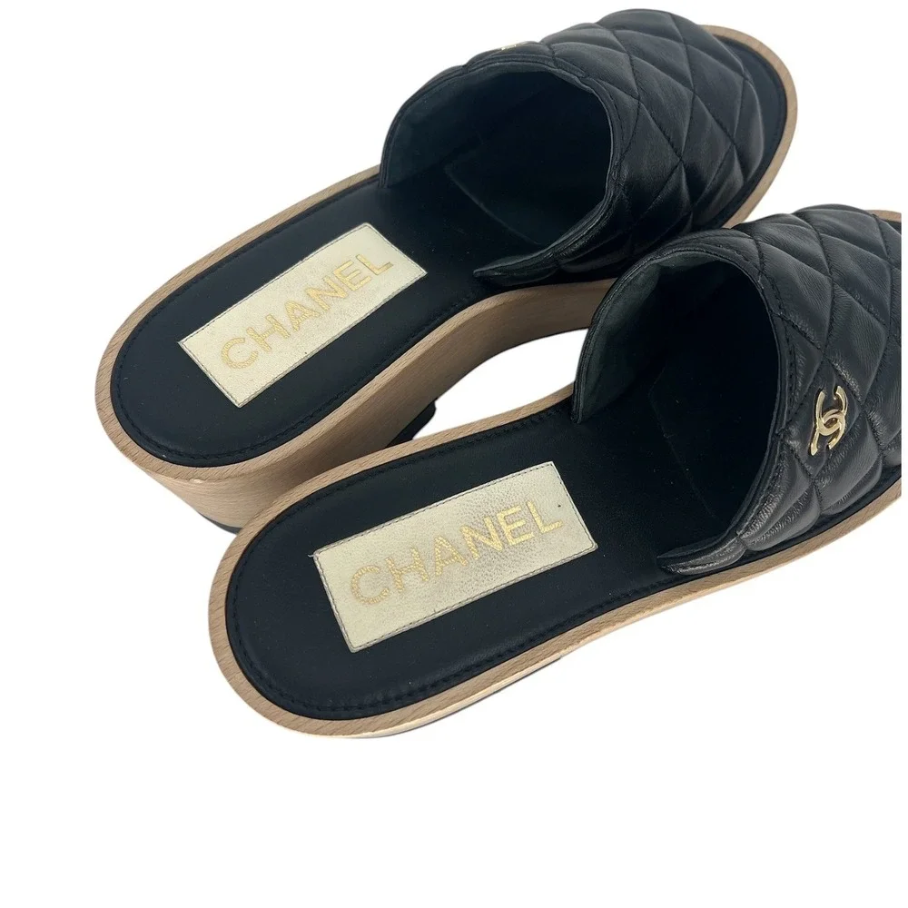 Chanel 2022 Cruise Quilted CC Platform Slide Sandals Black Size 40